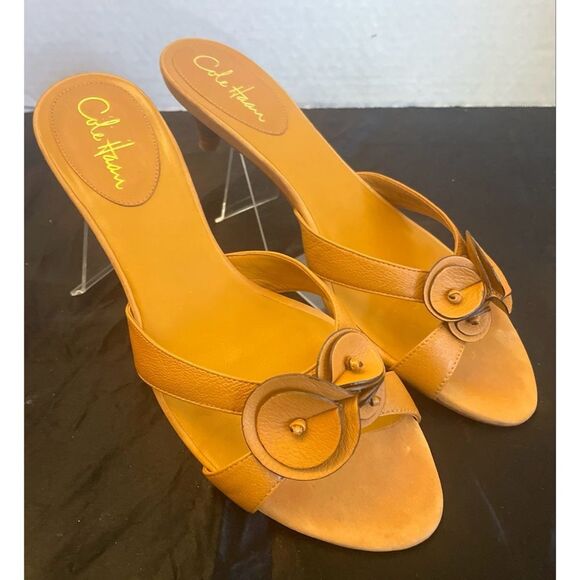 Cole Haan Nike Air Cognac Brown Smooth Leather Kitten Heel Mules Women’s SZ 10B - Picture 2 of 11